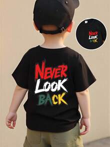 Young Boy Colorful Letter Print Round Neck Short Sleeve T-Shirt,Suitable For Casual Daily Outdoor Activities,Spring Summer Little Boys Kids Clothes - Black - View 1