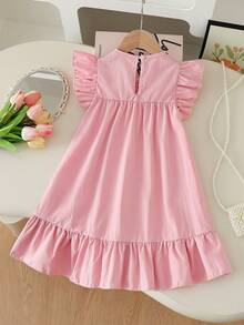 SHEIN Vintaside Kids Đầm bé gái thanh lịch, ngọt ngào, dễ thương, cổ tròn, tay ngắn, viền bèo nhún, dáng rộng, thích hợp cho kỳ nghỉ, du lịch, quà sinh nhật, mùa hè. - Hồng - Xem 2