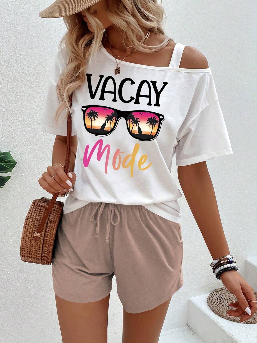 SHEIN LUNE Bộ đồ nữ thường ngày kiểu dáng bất đối xứng, gồm áo và quần short in chữ và kính râm, thích hợp cho mùa hè. - Nhiều màu - Xem 1
