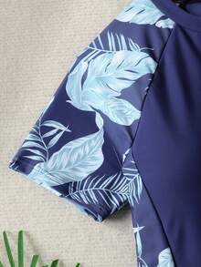 少女热带树叶印花拉链前开襟插肩短袖防晒连体泳衣，夏季假日 - 藍色 - 查看 3