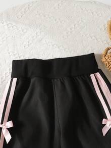 SHEIN Young Girl Casual Loose Fit Contrast Color Bow Elastic Waist Pants