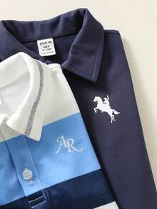 SHEIN 3件套男婴春夏时尚可爱条纹格子图案短袖polo衫、衬衫、针织上衣套装 - 藍色 - 查看 5