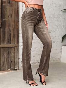 EMERY ROSE Quần Jeans Nữ Thiết Kế Đơn Giản Có Nút Phía Trước Túi Quần Jeans>Quần Jeans Cạp Cao Quần Jeans Ống Loe Quần Jeans Cao - Cà phê nâu - Xem 4