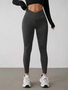 SHEIN PETITE Women's Solid Color V-Waist Slim Fit Casual Pants - Dark Grey - View 6