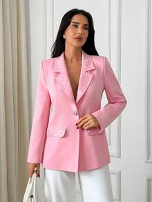 EURMUSE Women Rhinestone Lapel Neck Elegant Pink Blazer - Pink - View 1