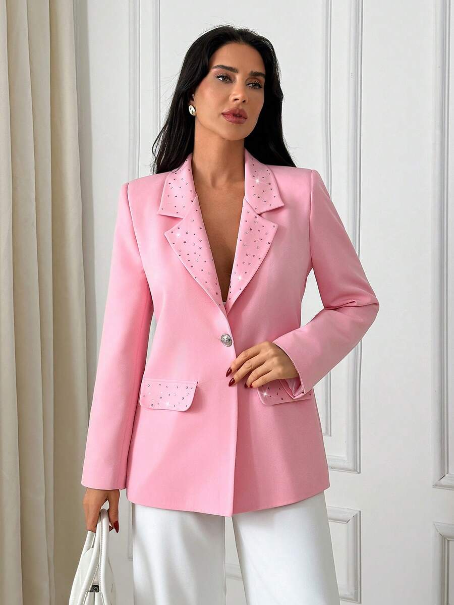 EURMUSE Women Rhinestone Lapel Neck Elegant Pink Blazer - Pink - View 1