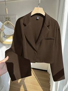 Comfortcana 大翻领短款西装外套，适合毕业季、返校季、秋冬季女教师穿着。 - 棕色 - 查看 4