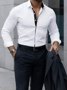 Manfinity Bizformal Áo sơ mi nam dài tay cài cúc phía trước phối màu tương phản, kiểu dáng thường ngày, thích hợp cho công sở và mùa thu. - trắng - Xem 4