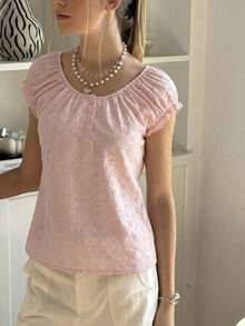 INAWLY Áo kiểu nữ dáng suông cổ tròn xếp ly màu trơn, phong cách thường ngày đi nghỉ mát, hiệu Schiffy, thích hợp cho mùa hè. - Hồng - Xem 6