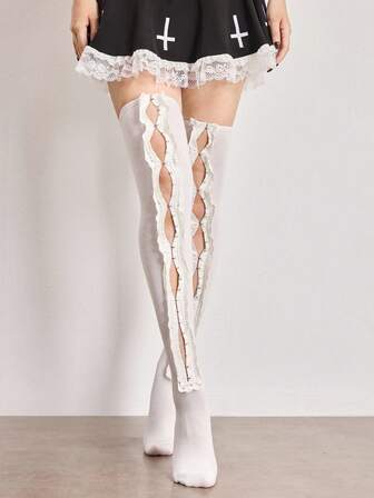 Kawaii 1 Paar Y2K Millennials Spitzenbesatz verstellbare Überknie-Socken, modische minimalistische Damen Socken geeignet für Alltag, Schule, Date, Reisen, Einkaufen, usw.