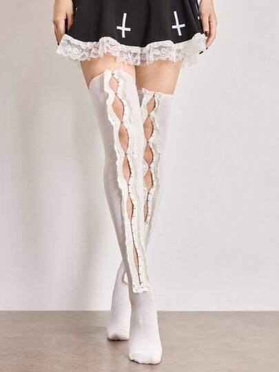 ROMWE Kawaii 1 Çift Y2K Millenial Babe Dantel Kenarlı Ayarlanabilir Manşetli Diz Üstü Çorap, Günlük, Okul, Buluşma, Seyahat, Alışveriş vb. İçin Uygun Şık Minimalist Kadın Çorapları.