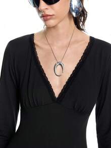 Airlisse 弹力针织纯色修身深V领长袖蕾丝边饰褶皱胸腰荷叶边下摆优雅性感浪漫百搭休闲时尚T恤，适合春夏秋季穿着，黑色性感夜店Y2K风格上衣 - 黑色 - 查看 3