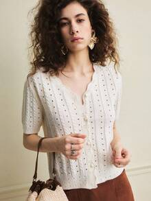 Écloséra French Retro Loose V-Neck Short Sleeve Knit Open Front Lacing Beaded Edge Beige Women's Spring/Summer Knit Top, Summer Tops Summer Outfits For Women Holiday Outfits For Women Casual Tops For Women White Top Eyelet Top Knit Tops Crochet Tops For Women Eyelet Tops For Women Women's White Top Women's Tops And Blouses Women's Tops For Summer Knit Tops For Women Blouses For Women Summer - Beige - View 4