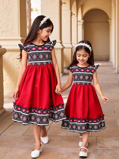 Sparklyn 女童春夏新款连衣裙，采用梭织面料，饰以传统数码印花图案拼接，酒红色，收腰圆领短袖设计，适合年轻女孩，日常穿着可爱优雅，适合上学、郊游、度假、聚会、节日、新年等场合。