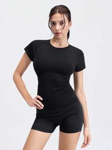 Loungeista 1件女士褶皱胸衣，竹纤维短袖修身塑形上衣，显瘦透气舒适T恤 - 黑色 - 查看 6