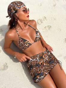 Swim Vcay 4pcs/Set 2026 New Women Random Print Triangle Bikini Top, Mesh Mini Skirt, Hat, Beach Vacation Casual Sexy Bikini Set Set - Multicolor - View 1