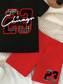 两件套幼儿男童休闲创意格子短袖T恤和短裤，印有数字23和字母，适合春、夏、秋季穿着，舒适百搭。 - 彩色 - 查看 7