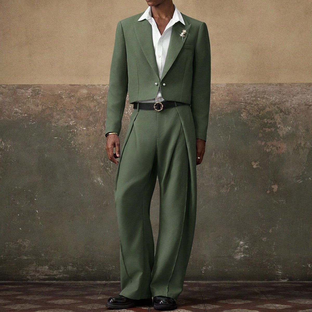 Conjunto de traje de 2 piezas para hombre HIMLAND, blazer de solapa de un solo pecho y pantalones en verde oliva, elegante para cóctel y noche de oto