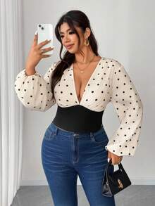 Elenzga Große Größen Damen sexy anliegende V-Ausschnitt Polka Punkt Muster Langarm Bluse - Aprikosenfarben - Übersicht 1