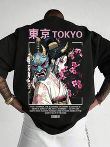 GENIUS ODE Men's Casual Fashion Street Japanese Character & Sakura Flower Letter Print Loose Fit Black Short Sleeve T-Shirt, Summer Tokyo Shirt Japanese T-Shirt Oversized T-Shirt Anime Graphic Tee Japanese Streetwear - Black - View 3