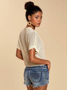 Travachic Women's Solid Color Hollow Out Single-Breasted Bat Sleeve Knit Top, Vacation Casual Terno For Women, Summer Holidays, Spring Breaks, Party, Beach, Spring , Valentine's Day, Valentines For Women, Carnival Costume, Elegant, Carnival, Spring To Summer , Party, Mexican Style - Apricot - View 7