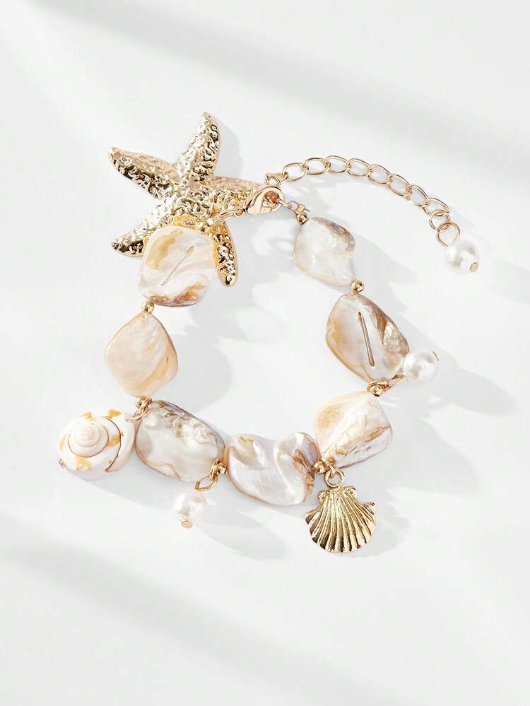 SHEIN Maija Bohemian Asymmetrical Beaded Seashell Starfish Pendant Bracelet