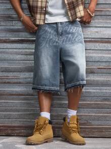 AXEPEAK Men's Washed Denim Shorts With Embroidery, Fashionable - Blue - View 5