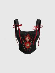 ROMWE Goth Áo hai dây kiểu dáng cung điện bí ẩn, họa tiết tương phản màu sắc, thêu hình trái tim và con mắt, thắt nơ, thích hợp cho mùa xuân/hè. - màu đen - Xem 1