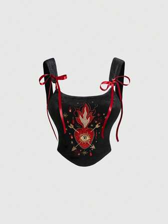 Goth Camiseta de tirantes con bordado de corazón y ojo en estilo de palacio misterioso y contraste de color