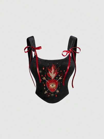 Goth Mystischer Palast-Stil Kontrast-Farben besticktes Herz & Auge Schleife Trägerhemd