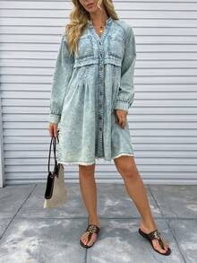 EMERY ROSE Mature Denim Vestido vaquero casual de mujer con cuello de muesca y botones frontales - Azul - Ver 3