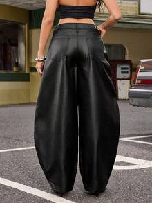 Jeanoix Y2K Retro Casual Versatile Curved Knife Faux Leather Coated Wide Leg Pants - Black - View 2