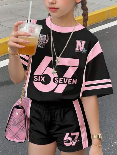 2pcs Tween Girls Casual Minimalist Digit 67 Print Short Sleeve Top And Shorts Set, Suitable For Summer