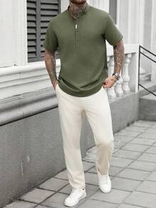 Manfinity CasualCool Men's Henley Shirts/Men's Buttoned Shirts/Stylish Men's Olive Green Mandarin Collar Shirt Quarter Button Placket Short Sleeve For Summer/Green Henley Button-Down Shirt, /Military Green Henley Collar Texture Short-Sleeved Shirt - Green - View 4