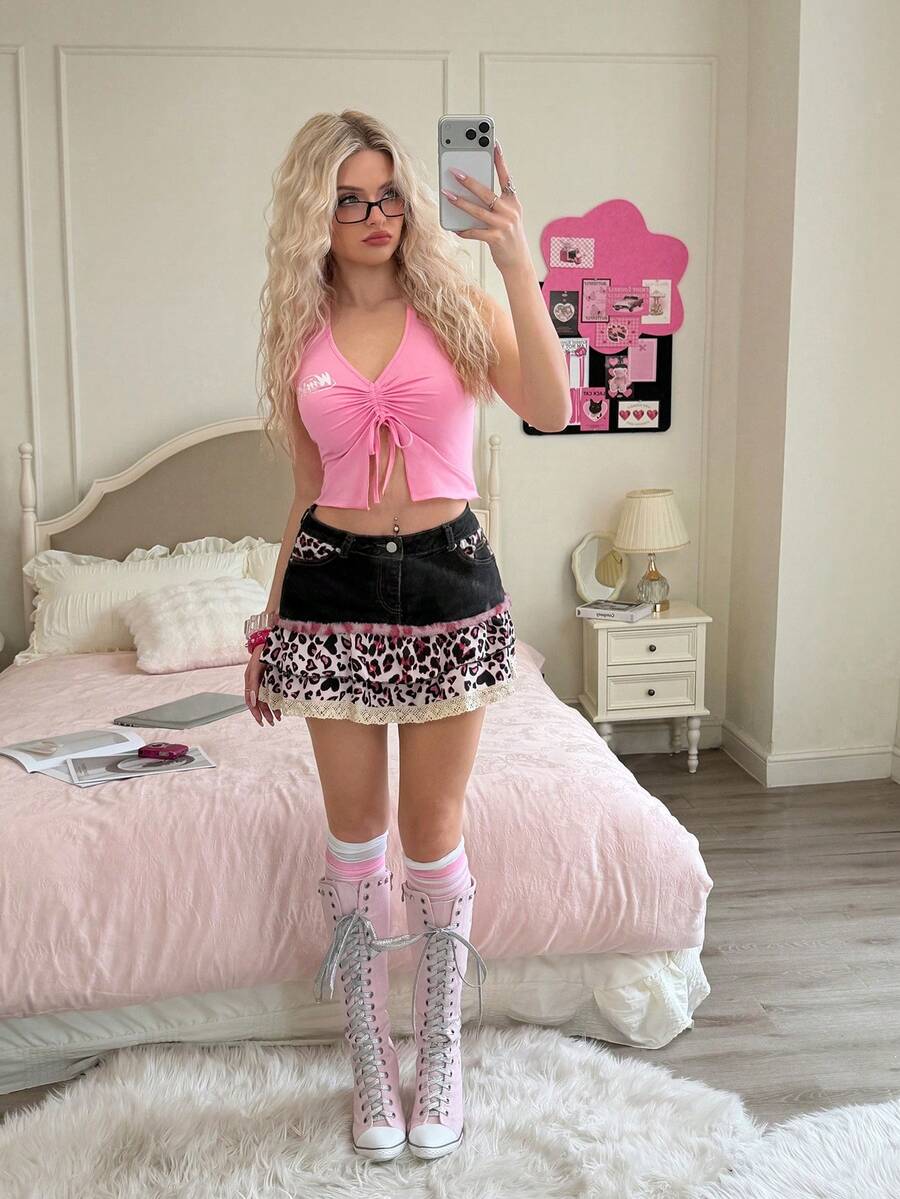 The Winx X SHEIN Women's Y2K Sexy Fashion Street Letter Print Drawstring Ruched Backless Halter Top, Summer - Pink - View 1