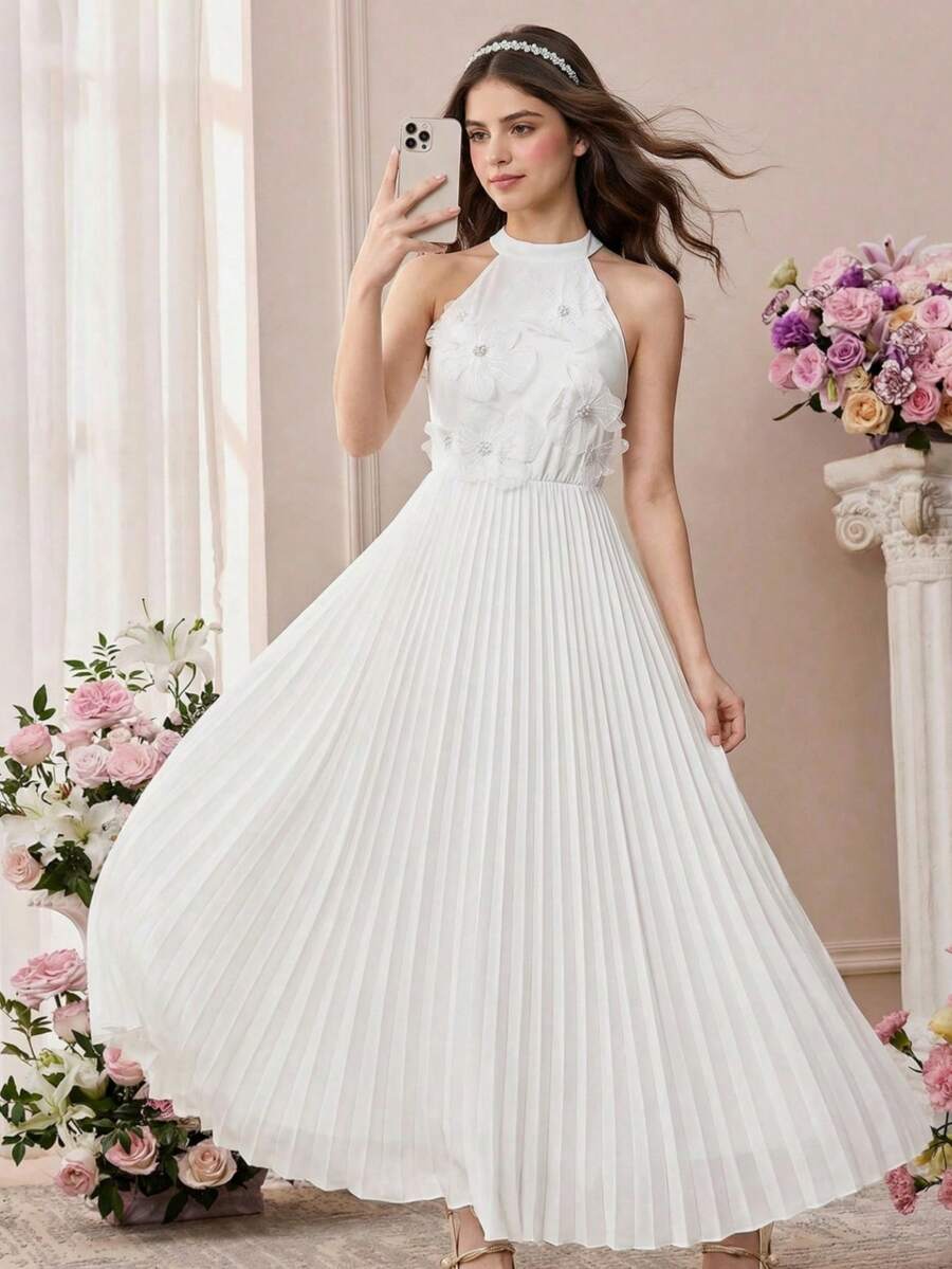 SHEIN 少女珍珠装饰褶皱喇叭连衣裙，立领设计，适合晚宴、派对、度假及日常穿着，春夏秋季皆宜。 - 白色 - 查看 1