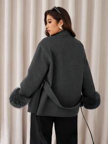 Auralis Plus Size Fashionable Versatile Overcoat With Belt, Autumn/Winter - Dark Grey - View 2