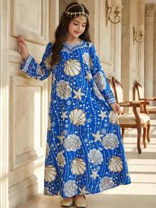 SHEIN عباية بأكمام طويلة وطبعة اللؤلؤ على الياقة المربعة للفتيات المراهقات - الأزرق - مشاهدة 3