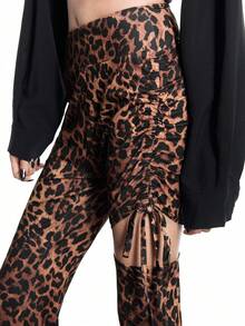 Airlisse Women's Leopard Print Side Ruched Flared Hem Leggings, Suitable For Spring And Autumn - Brown - View 4
