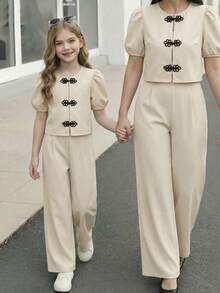 SHEIN 2pcs Girls Casual & Elegant Flutter Sleeve Round Neck Blouse And Wide Leg Pants Set - Apricot - View 7