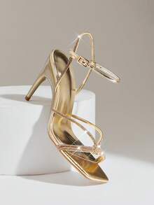 SHUZIA Women's Elegant Minimalist Square Toe Rhinestone Ankle Strap Stiletto Heel Sandals - Gold - View 8