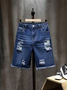 Tween-Jungen Jeans im Used-Look, mittelblau, lässiger Preppy-Style, Sommerurlaubs-Vibe, gerade, locker sitzend, bequemer Denim, geeignet für Schule, Outdoor-Aktivitäten - Blau - Übersicht 4