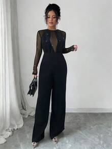 Rafferiza 女士亮面针织连体裤，性感优雅派对装扮，适合新年庆祝活动，黑色 - 黑色 - 查看 6