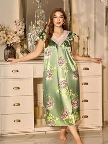 SHEIN Camisón largo elegante de satén con estampado, cuello en V, mangas con volantes de encaje y talla grande - Verde - Ver 2