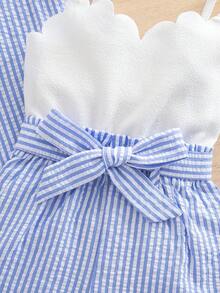 SHEIN Cute Baby Girl Summer Blue White Stripe 3-Piece Set,Knitted Cardigan,Camisole & Shorts With Beret,French Elegant Style Vacation Outfit For Toddler - Blue - View 4