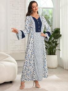 Al Najma Vestido de estilo árabe con cintura de cordón, unicolor con parches de hojas y flores, tono azul - Multicolor - Ver 6
