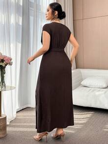 Modelyn Plus Size Women's Solid Color Round Neck Batwing Short Sleeve Side Slit Hem Elegant Dress - Coffee Brown - View 2