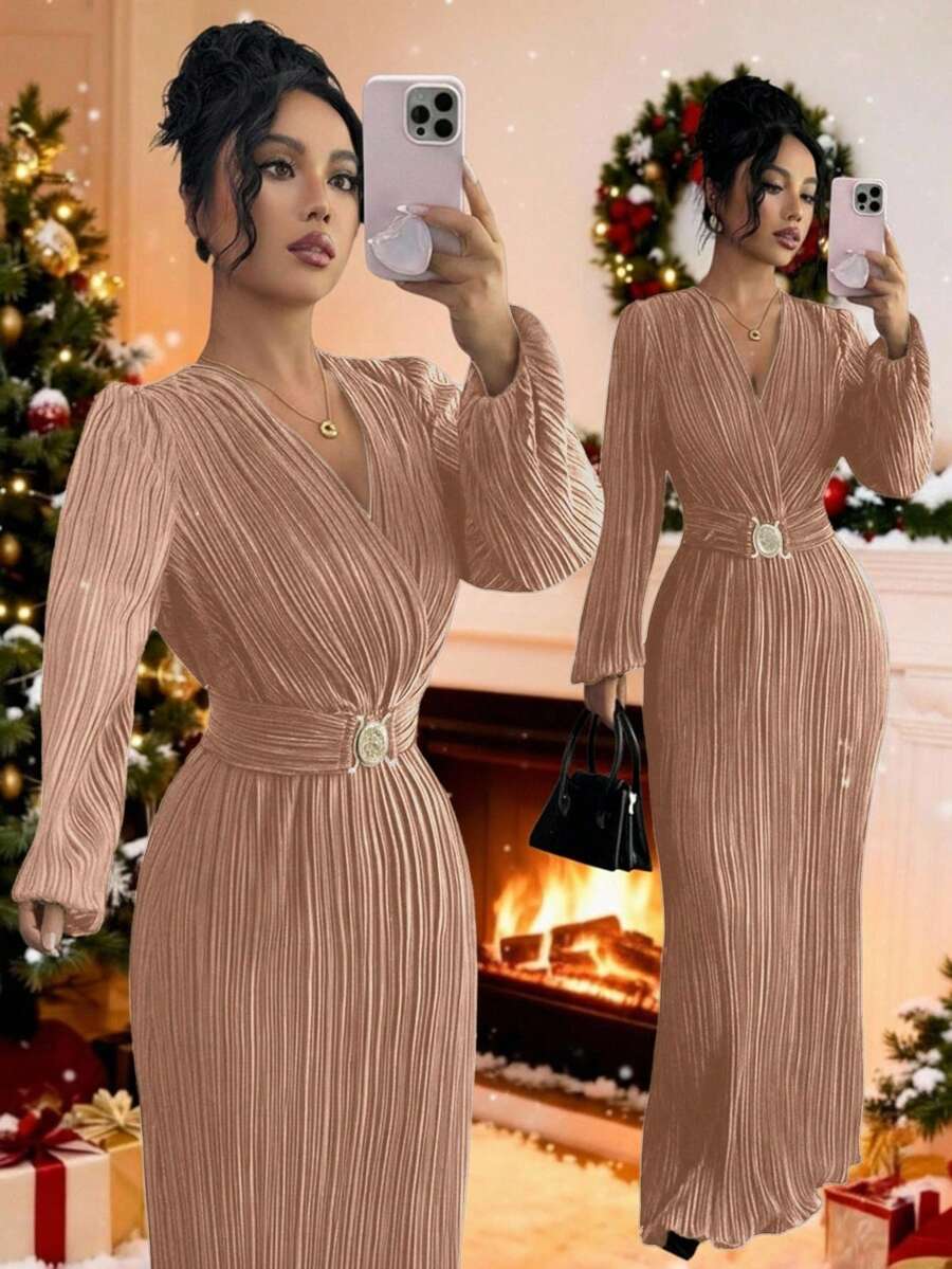Rafferiza Luxurious Elegant Wrap V-Neck Dress With Ruched Design, Elastic Waist, Metal Buckle Decoration, Detachable Waist Belt, Slimming Long Sleeve Dress In Deep Wine Red, Suitable For Commute, High-End Cocktail Party, Gala, Private Salon, And Other Occasions - Champagne - View 1