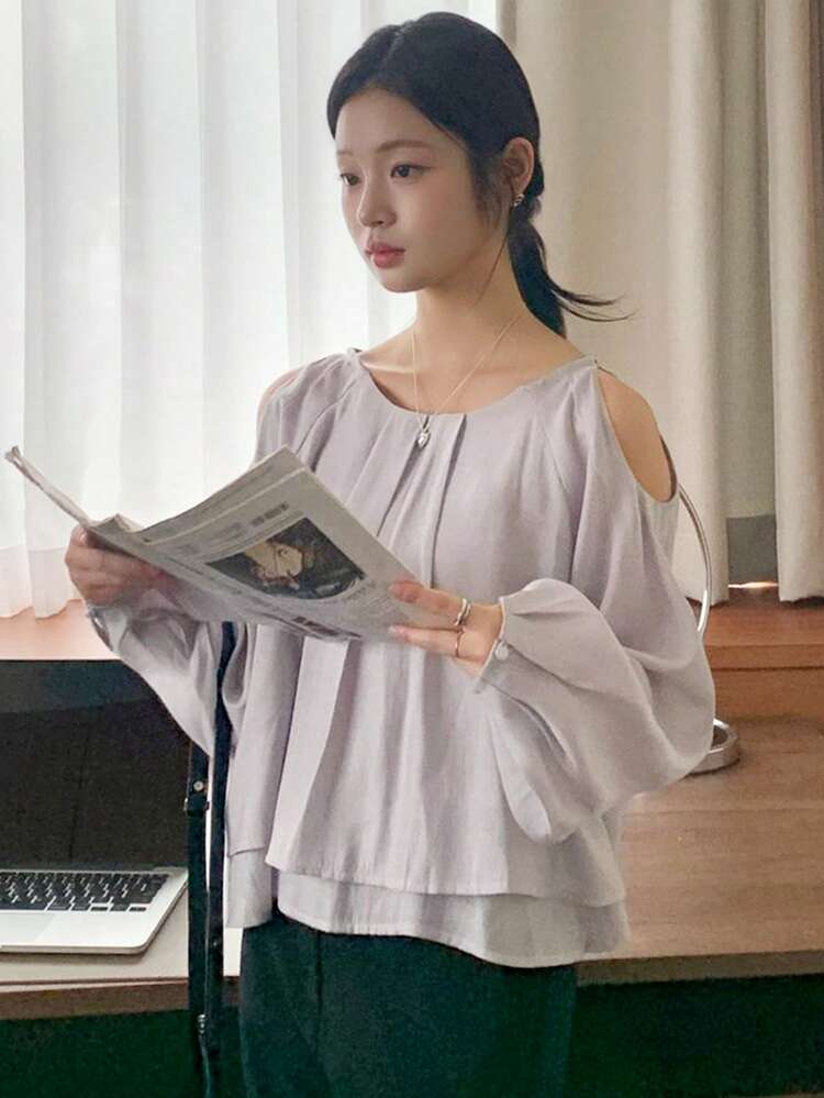 Ruffle Shoulder Long Sleeve Blouse For Women, Unique Design, Slimming & Youthful