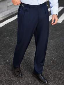 Manfinity Bizformal 男士腰部设计商务休闲修身直筒锥形裤，通勤复古时尚长裤 - 藏蓝色 - 查看 5